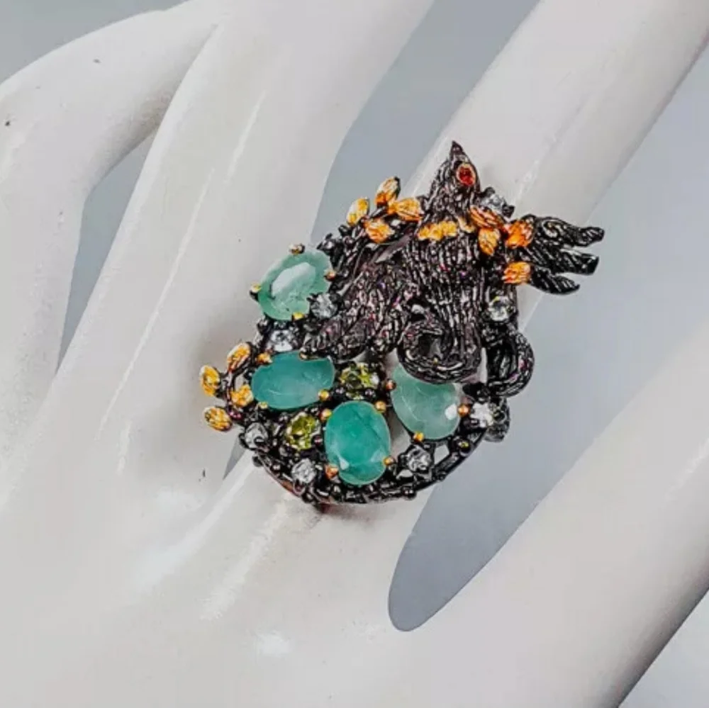 Gorgeous Sterling & Rhodium bird in a nest of Emeralds Peridot & Aquamarines - Picture 7 of 8